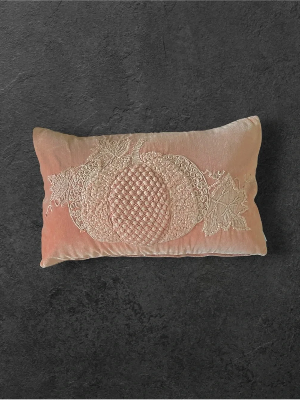Gifts of Harvest Pumpkin embroidered with vines cover over duck feather pillow.